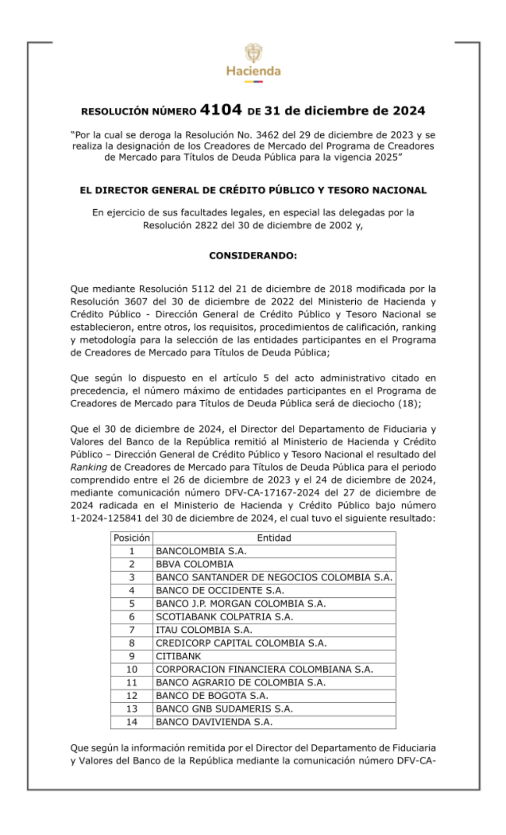 Por la cual se deroga la Resolución No. 3462 del 29 de diciembre de 2023 y se realiza la designación de los Creadores de Mercado del Programa de Creadores de Mercado para Títulos de Deuda Pública para la vigencia 2025